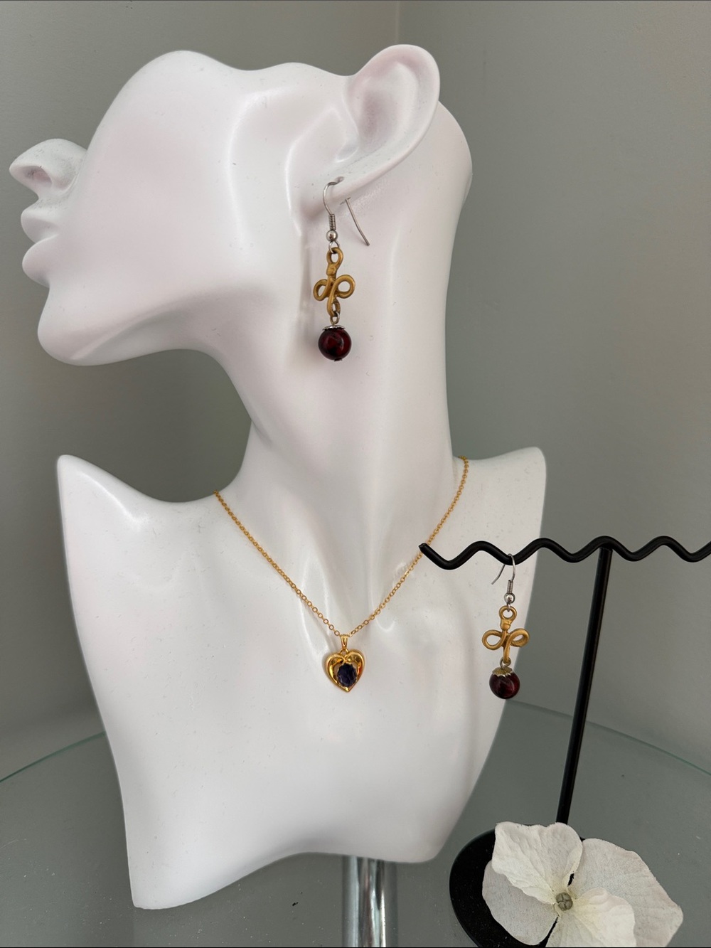 Gold-Tone Loop Drop Earrings with Red Bead - Bonus Kids Heart Necklace